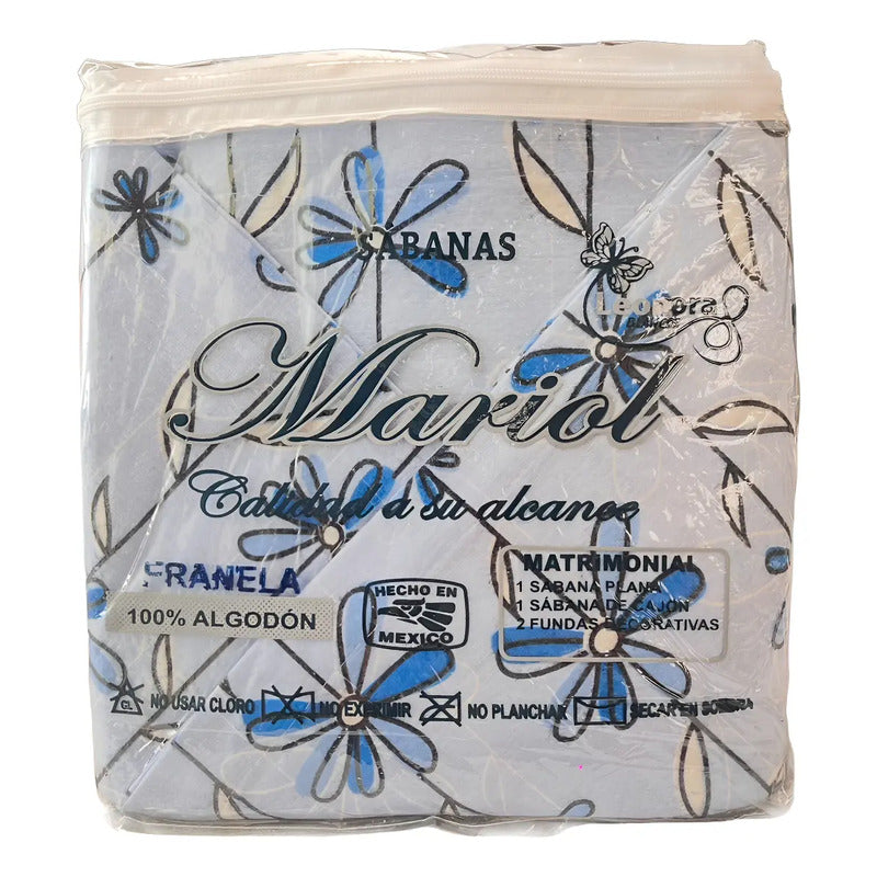 Juego De Sabanas Franela Mariol 100% Algodón Matrimonial Azul Claro
