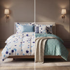 Set 6pzas Edredón Matrimonial Acolchado + Juego De Sabanas Celeste Floral Índigo