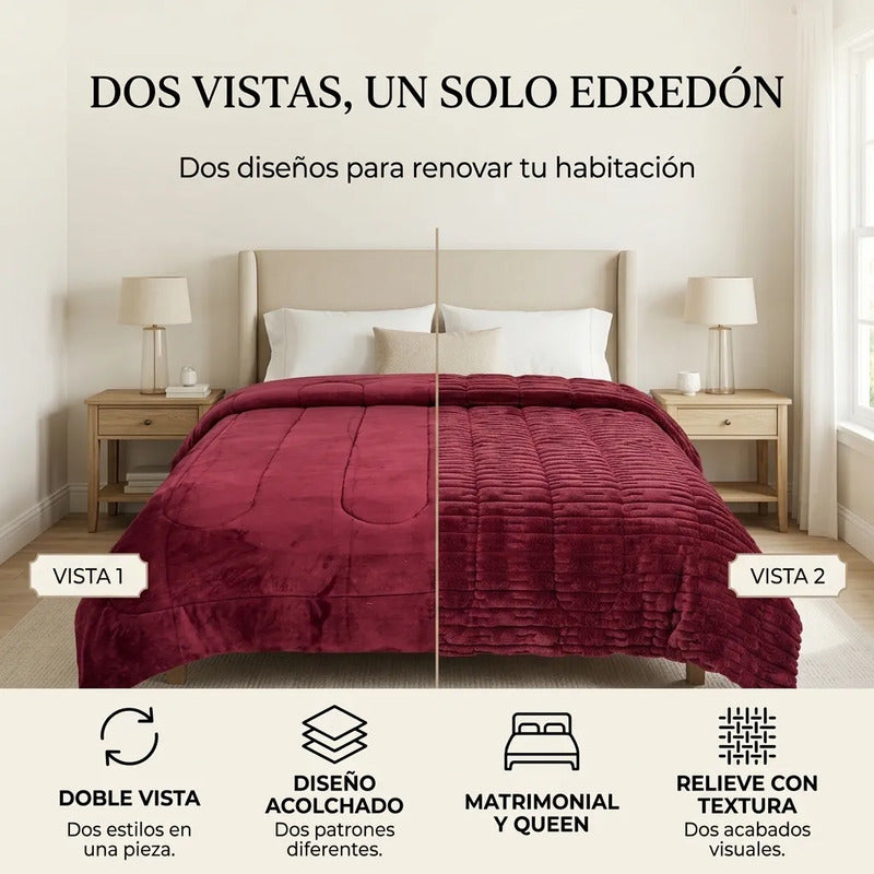Edredón Matrimonial Acolchado Doble Vista Textura Térmica Vino Piel De Conejo