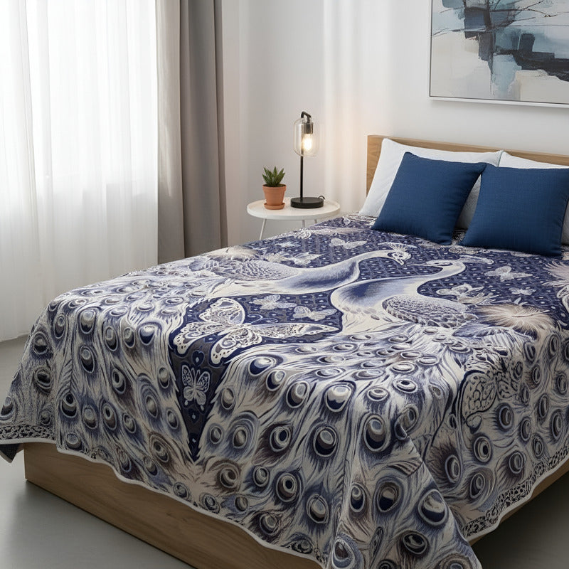Colcha De Hilo Jacquard Leonora Premium Matrimonial Amplia Azul Marino
