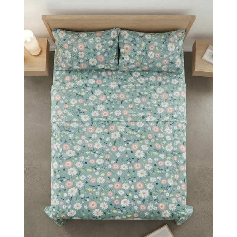 Juego De Sabana Matrimonial Leonora Tacto Suave Y Fresco Azul Petróleo Jardín Menta