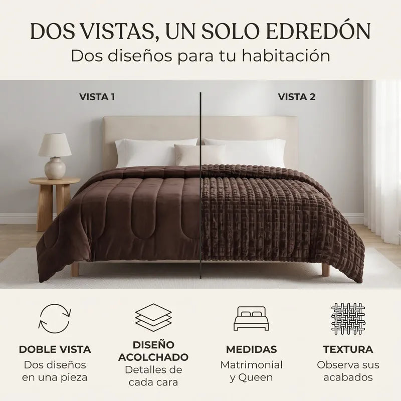 Edredón Matrimonial Acolchado Doble Vista Textura Térmica Marrón Obscuro Piel De Conejo
