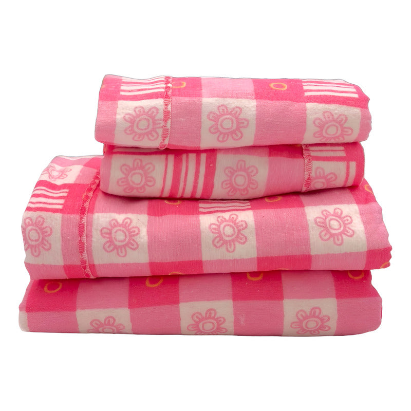 Juego De Sabanas Franela Mariol 100% Algodón Matrimonial Rosa Cuadro Flor Rosa