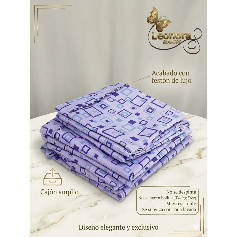 Sábana King  Bramante Cajón Amplio 100% Algodón Super Suave Lila Cuadrado Morado
