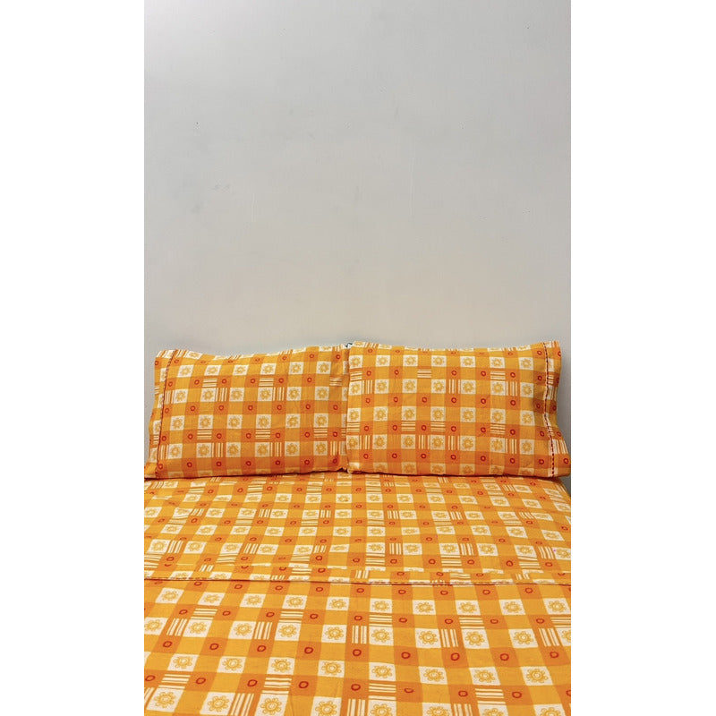 Juego De Sabanas Franela Mariol 100% Algodón Matrimonial Amarillo Cuadro Flor Amarilla