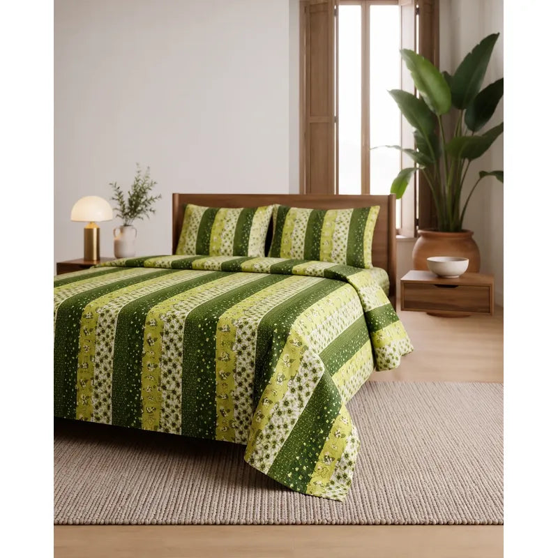 Juego De Sabanas Franela Mariol 100% Algodón Matrimonial Verde Franja Silvestre