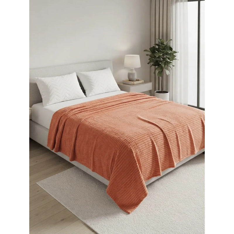 Cobertor Frazada Matrimonial Ligera Super Suave Y Calientita Rayado 700 G Coral Claro / Melón