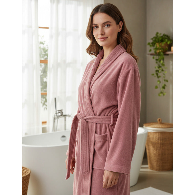 Bata De Baño Leonora Rasurada 100% Algodón Super Absorbente Rosa Peach M-l