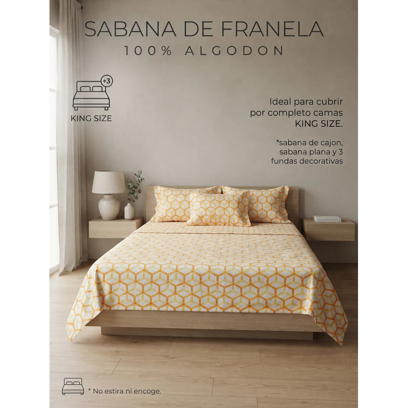 Juego De Sabanas Franela Mariol 100% Algodón King Size Amarillo Rombo Amarillo
