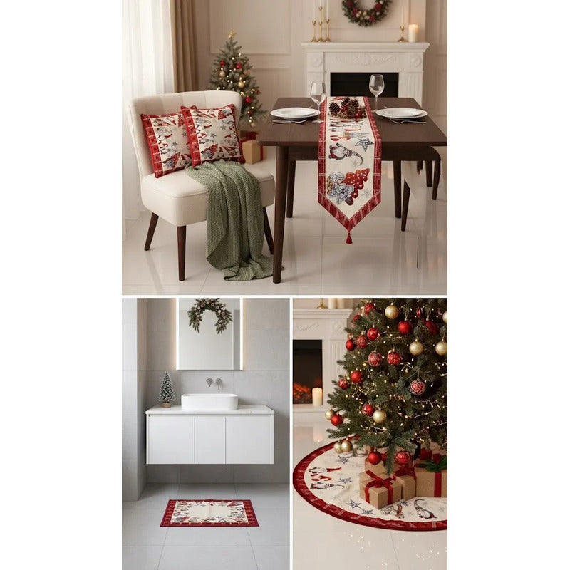 Kit Navideño: Camino De Mesa, Pie De Árbol, Fundas Y Tapete Beige Duendes Navideños