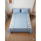 Juego De Sabana Matrimonial 100% Algodón Suaves Y Frescas Azul Acero Mini Flor Azul