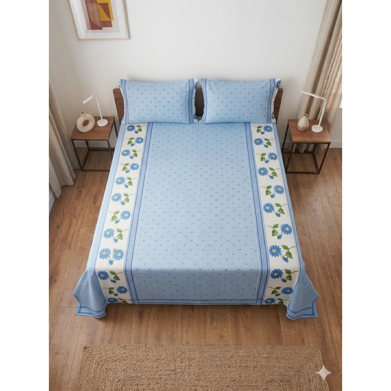 Juego De Sabana Matrimonial 100% Algodón Suaves Y Frescas Azul Acero Mini Flor Azul