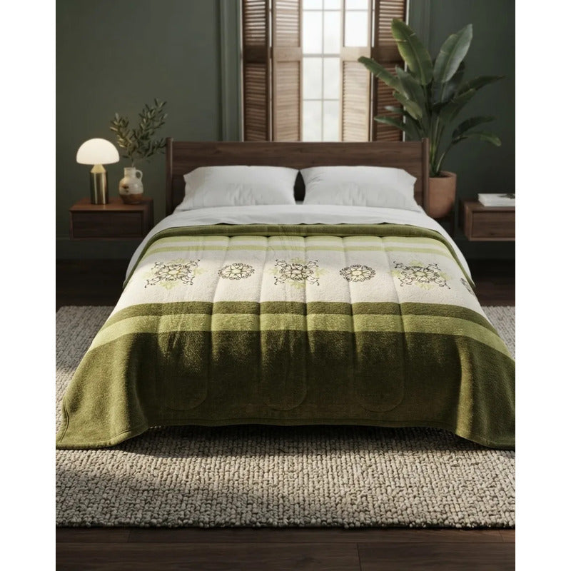 Cobertor Borrega Amanecer | Matrimonial, Suave Y Acolchado Verde Mándala Verde
