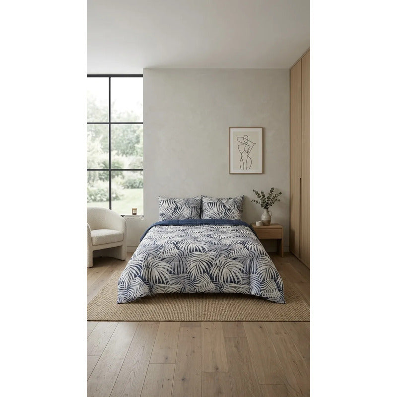 Edredón Acolchado Doble Vista Matrimonial Con Fundas Azul Palma Azul Marino
