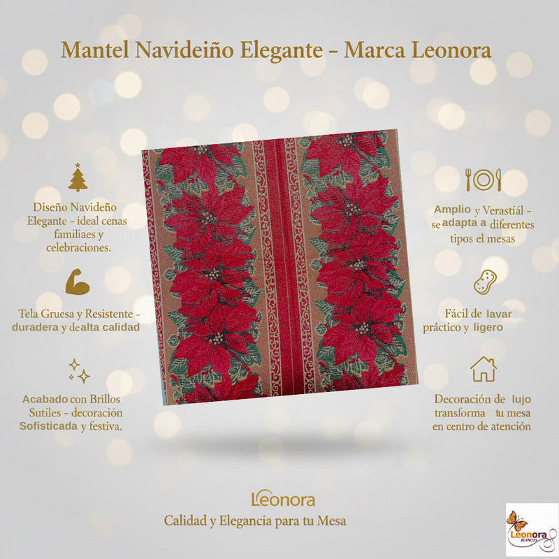 Mantel Navideño Leonora Rectangular 150x300 De Alta Calidad. Bordó Rama De Noche Buena