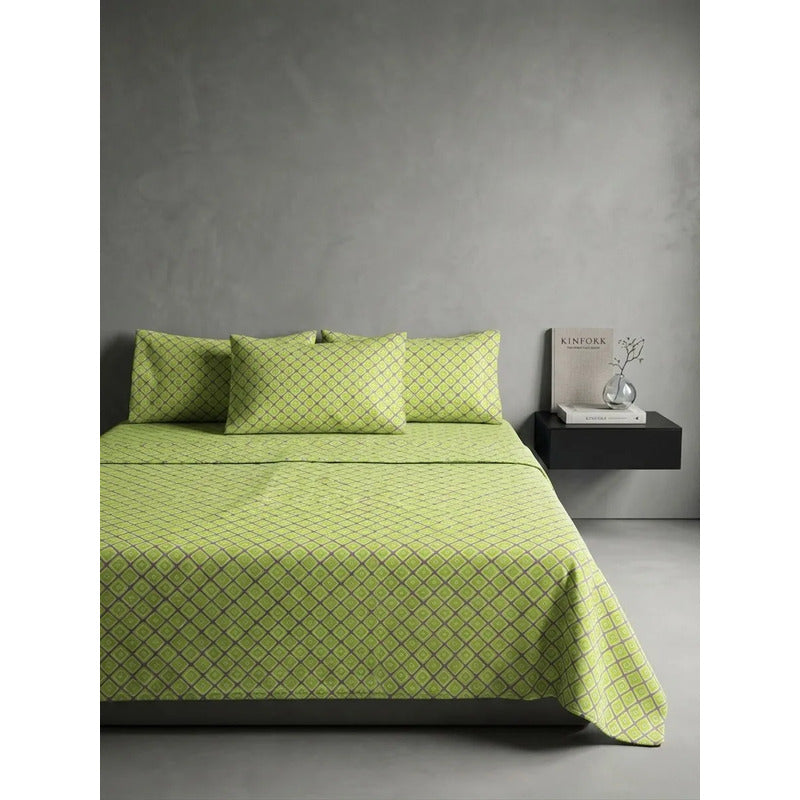 Sábana King  Bramante Cajón Amplio 100% Algodón Super Suave Verde Lima Cuadro Espiral Verde
