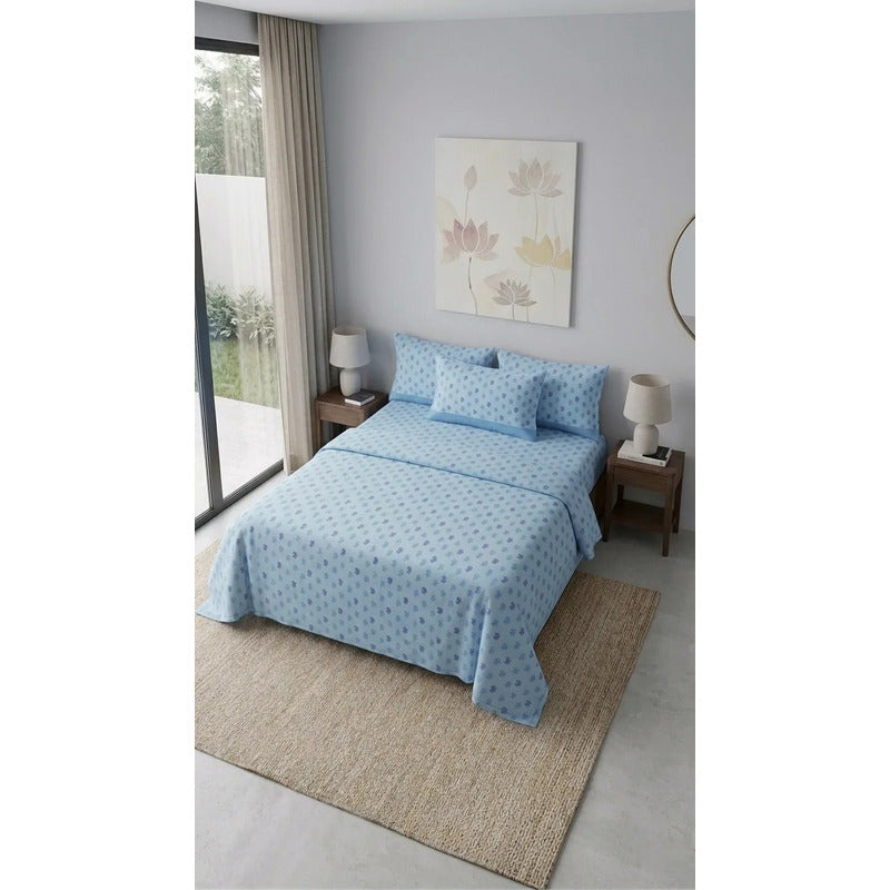 Juego De Sabanas Franela Mariol 100% Algodón King Size Azul Acero Mini Flor Azul