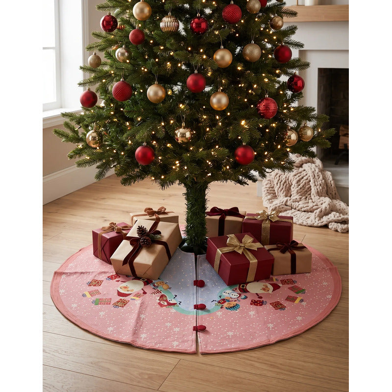 Kit Navideño: Camino De Mesa, Pie De Árbol, Fundas Y Tapete Rosa Claro