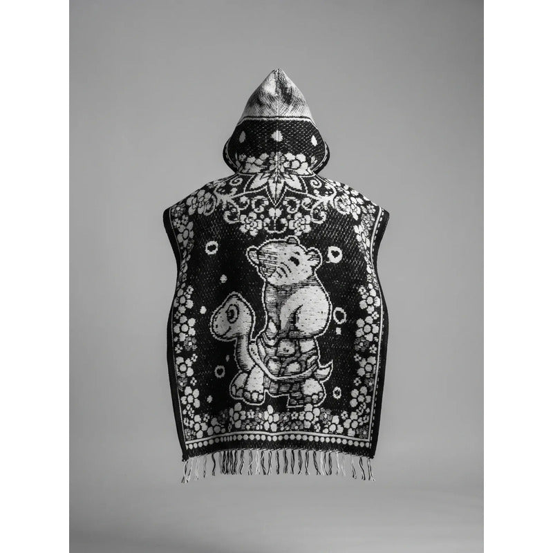 Jorongo Poncho Gaban Afelpado Infantil Artesanal Con Capucha Negro Capibara 60x50