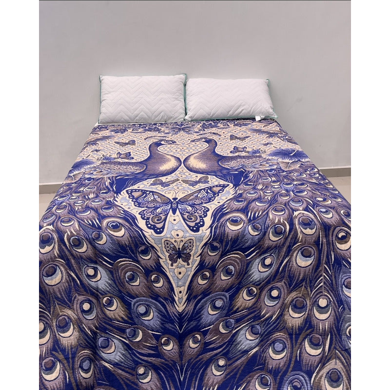 Colcha De Hilo Jacquard Leonora Premium Matrimonial Amplia Azul Marino