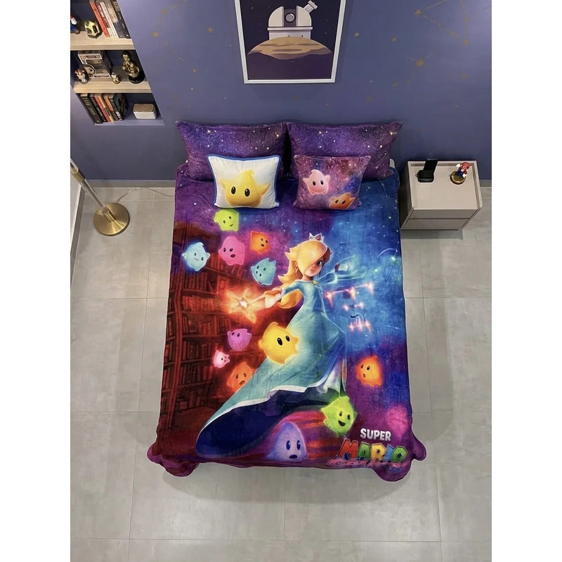 Frazada Matrimonial Providencia Mario Bros Galaxia Srp Suave Mario Bross/ Princesa Peach Violeta Oscuro