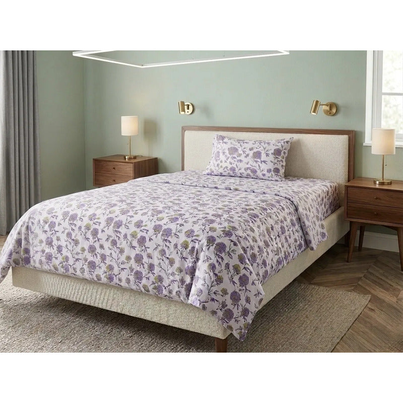 Juego De Sábana Bramante Individual Amanecer 100% Algodón Lavanda Peonia Morado