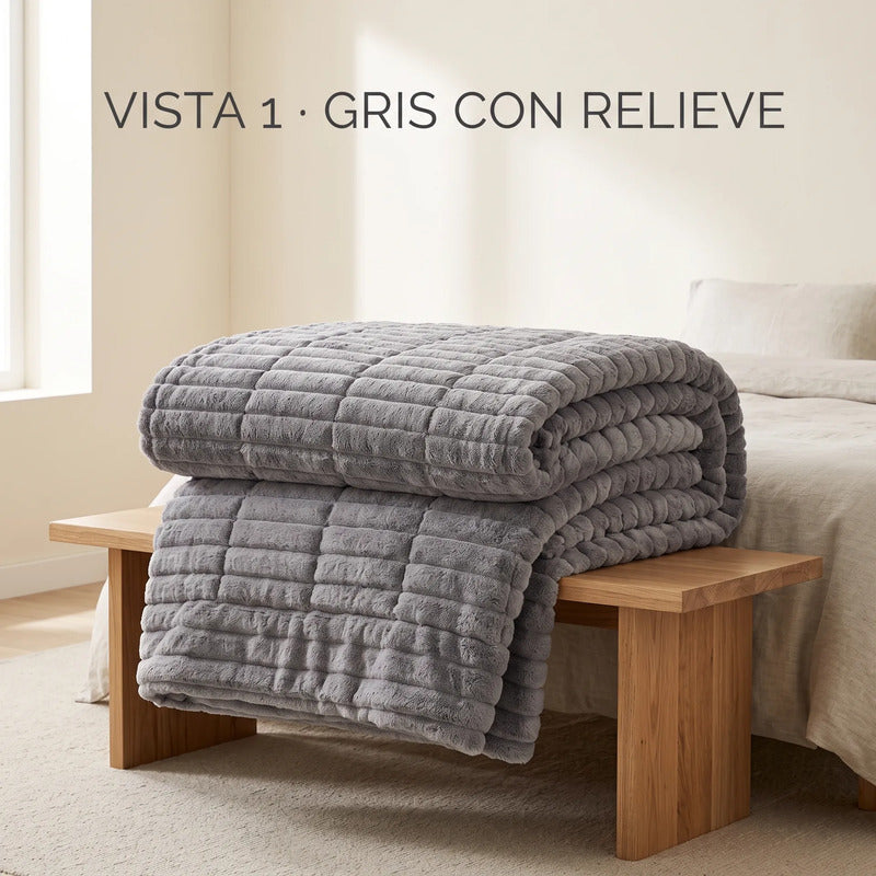 Edredón Matrimonial Acolchado Doble Vista Textura Térmica Gris Piel De Conejo
