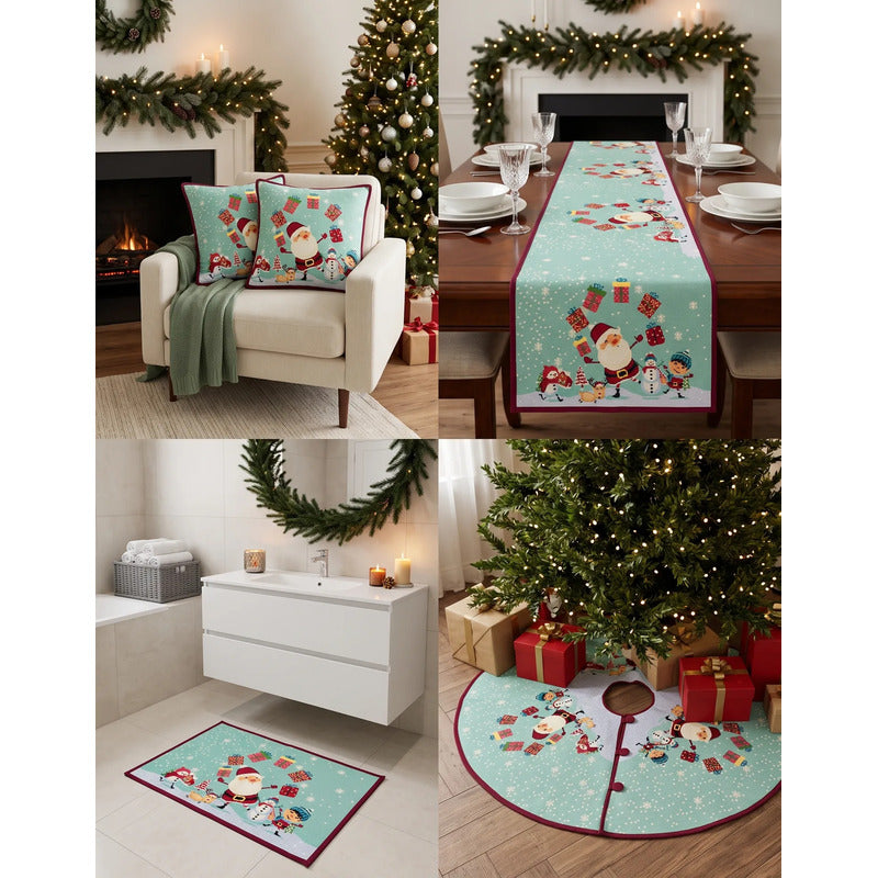 Kit Navideño: Camino De Mesa, Pie De Árbol, Fundas Y Tapete Turquesa