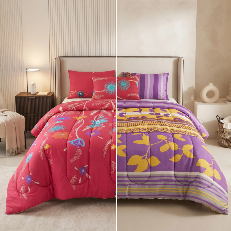Edredon King Size Doble Vista +3 Cojines Decorativos Algodón Rosa/lina Floreado