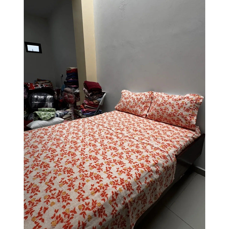 Juego De Sabanas Franela Mariol 100% Algodón Matrimonial Coral Claro Floresta Naranja