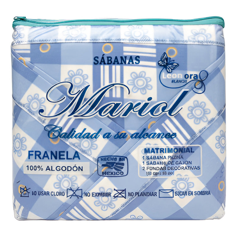 Juego De Sabanas Franela Mariol 100% Algodón Matrimonial Azul Acero Cuadro Flor Azul