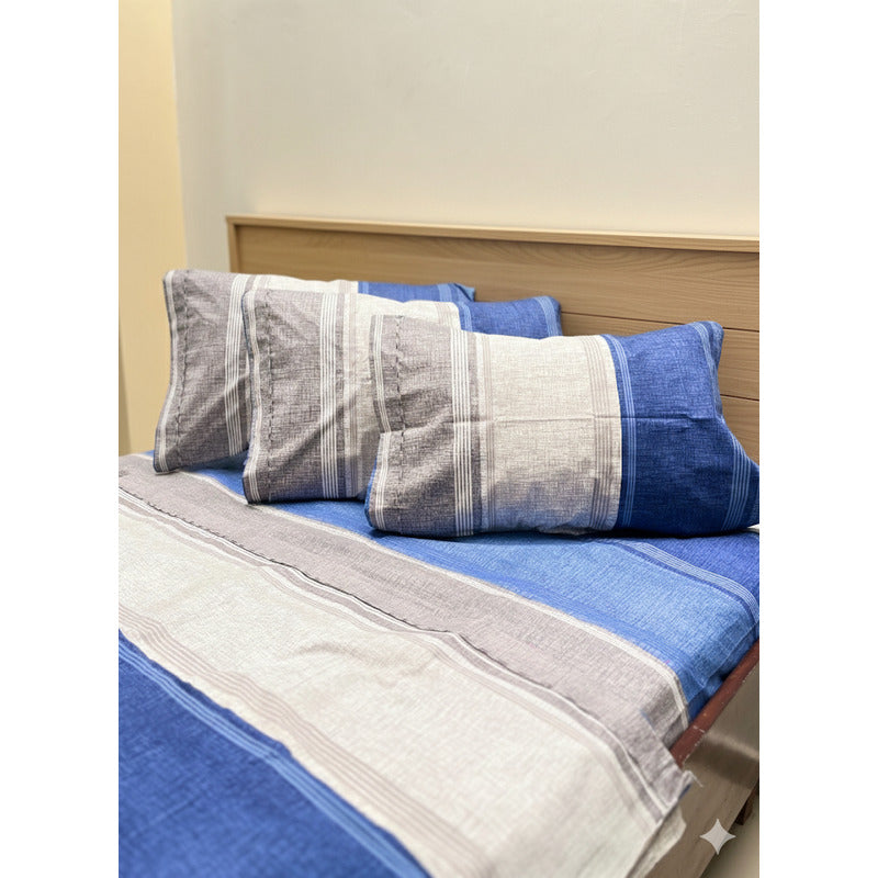 Juego De Sabanas King Size Leonora Percal Algodón 144h. Gris Rayas Azules