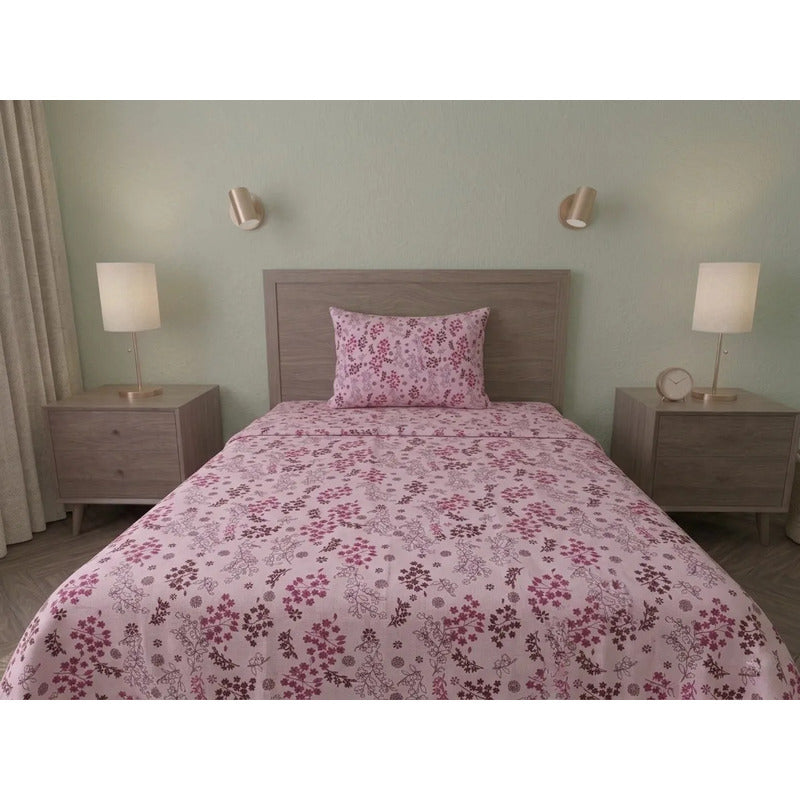 Juego De Sábana Bramante Individual Amanecer 100% Algodón Rosa Floresta Rosa