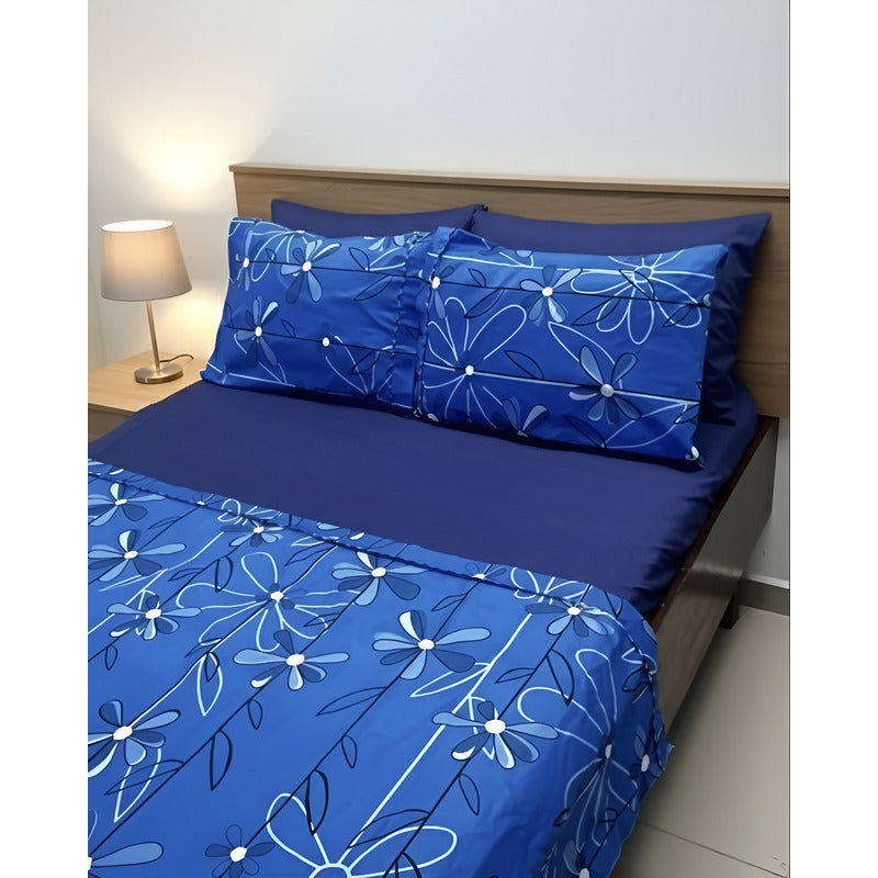 Juego De Sabanas 6 Piezas Tacto Bambu Premium Quality Azul Flor Marino