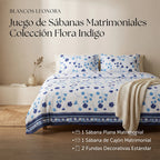 Set 6pzas Edredón Matrimonial Acolchado + Juego De Sabanas Celeste Floral Índigo