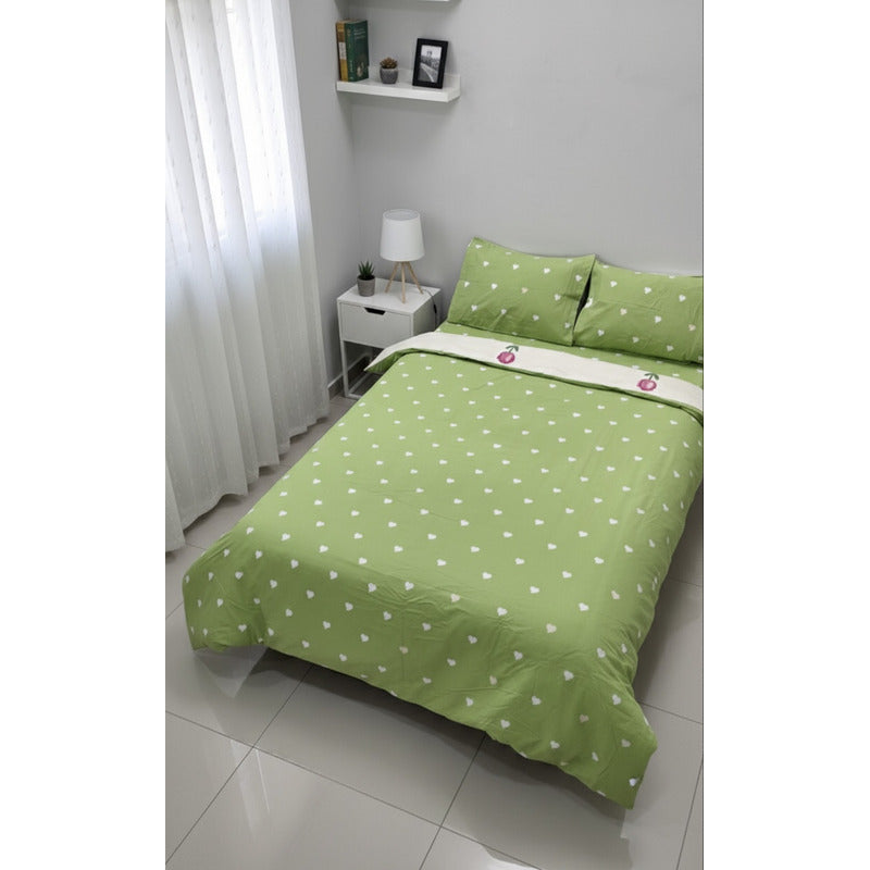 Edredón Premium Duvet Dos Vistas Matri Con Relleno Incluido Verde Corazón Tulipanes Rosa Algodón Alta Densidad
