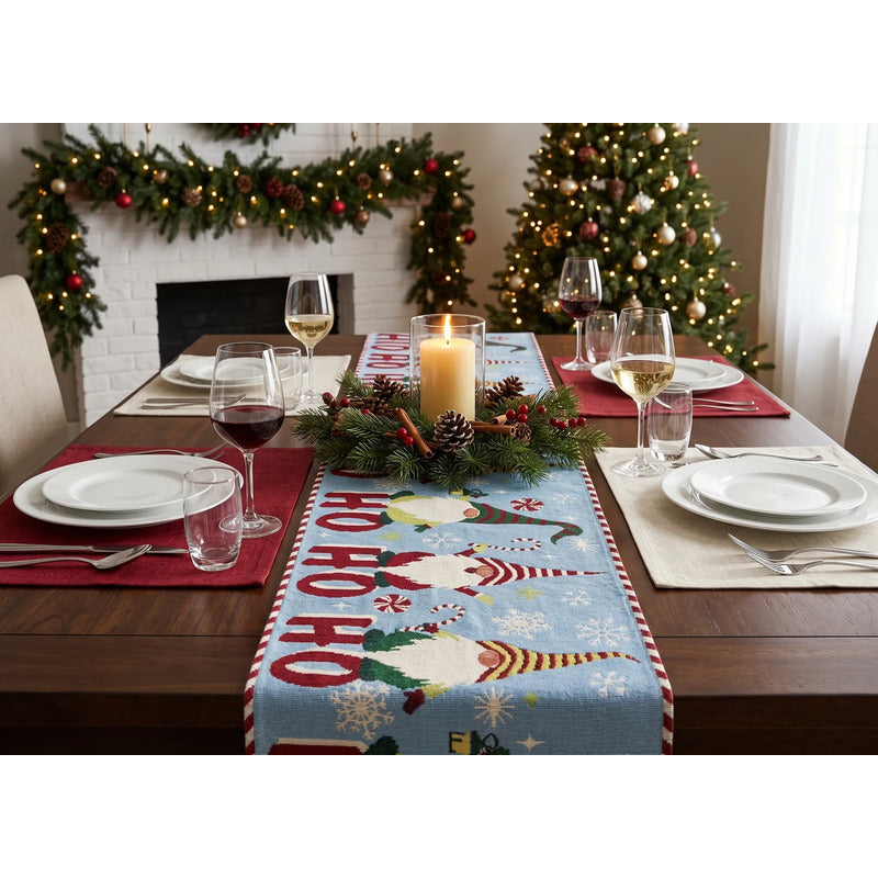 Kit Navideño: Camino De Mesa, Pie De Árbol, Fundas Y Tapete Azul Claro