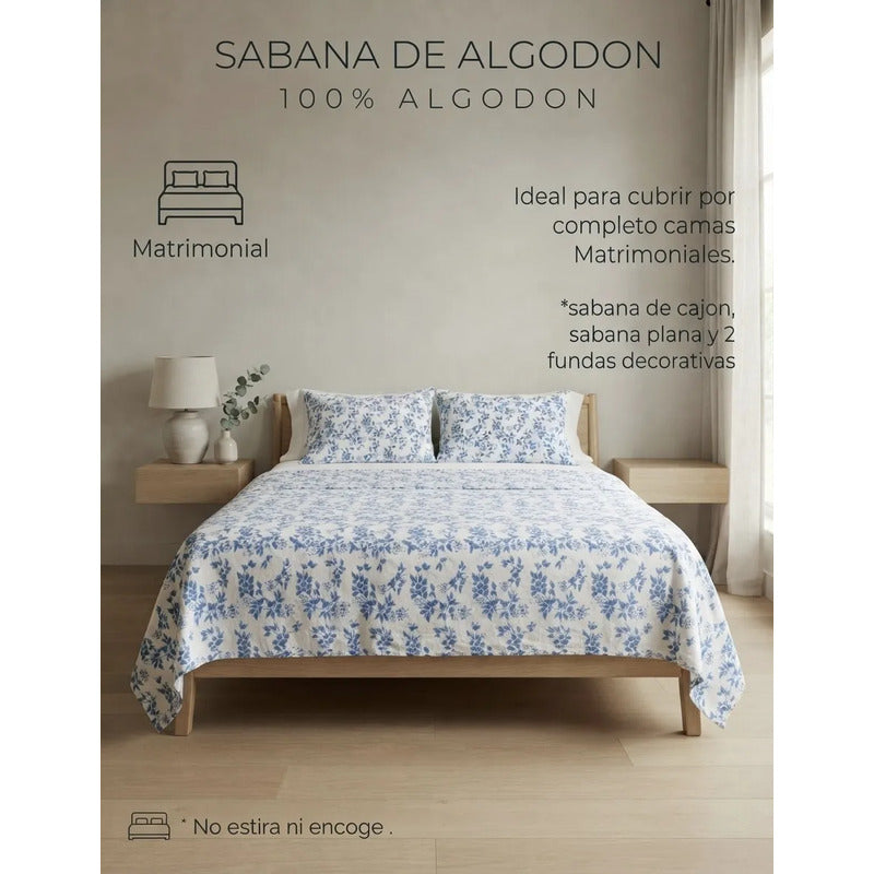 Juego De Sabana Matrimonial 100% Algodón Suaves Y Frescas Azul Claro Floresta Azul