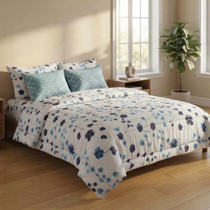 Set 6pzas Edredón Matrimonial Acolchado + Juego De Sabanas Celeste Floral Índigo