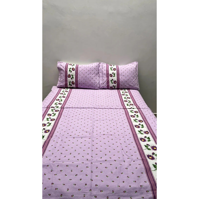 Juego De Sabanas Franela Mariol 100% Algodón Matrimonial Lavanda Mini Flor Morada