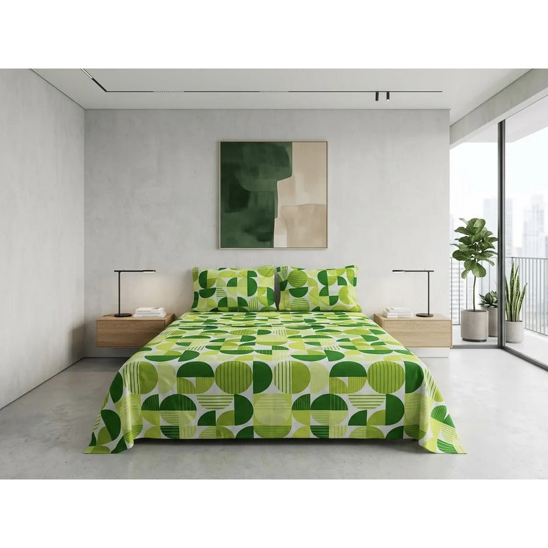 Juego De Sabana Matrimonial 100% Algodón Suaves Y Frescas Verde Lima Circular Verde