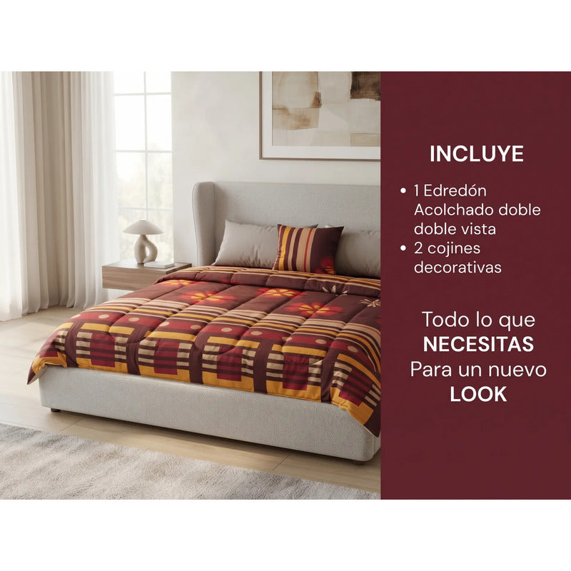 Edredon King Size Doble Vista +3 Cojines Decorativos Algodón Beige/vino Margarita Y Cuadro