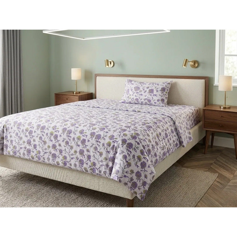 Juego De Sábana Bramante Individual Amanecer 100% Algodón Lavanda Peonia Morado