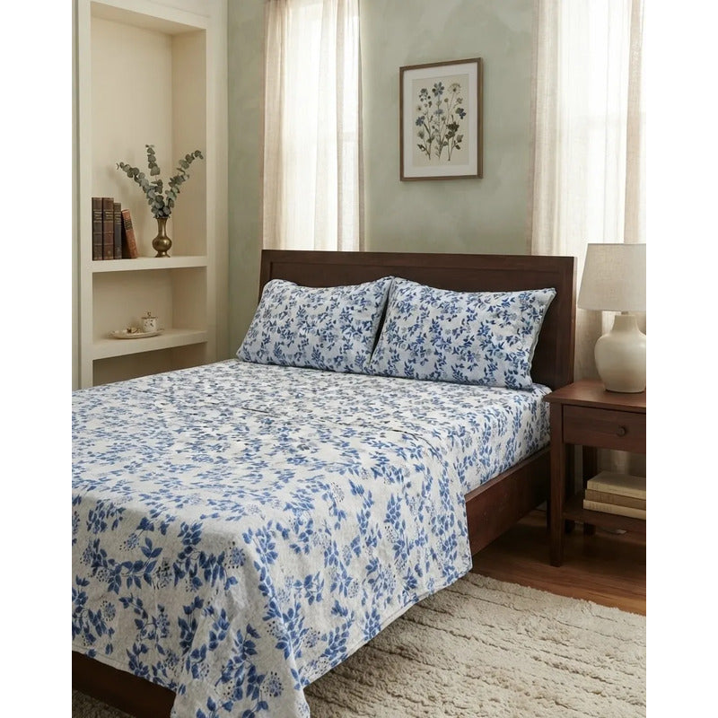 Juego De Sabanas Franela Mariol 100% Algodón Matrimonial Azul Claro Floresta Azul