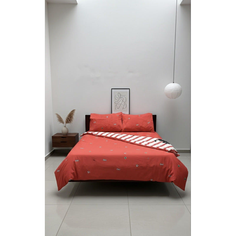 Edredón Premium Duvet Dos Vistas Matri Con Relleno Incluido Rojo Gato Patitas Rayas Algodón Alta Densidad
