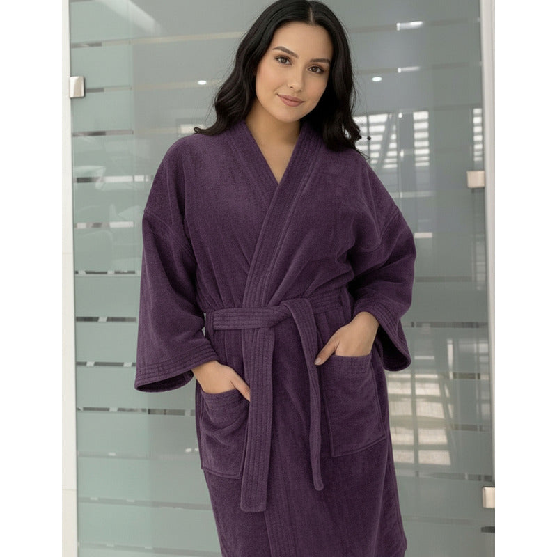 Bata De Baño Leonora Rasurada 100% Algodón Super Absorbente Violeta Morado M-l