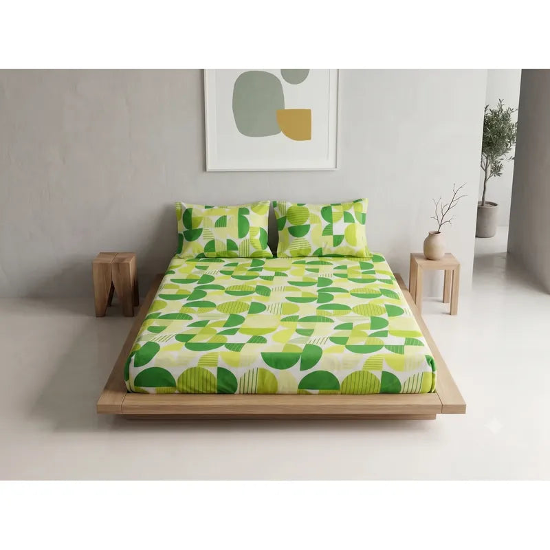 Sábana De Cajón Matrimonial +2 Fundas De Almohada Algodón Verde Circular Verde