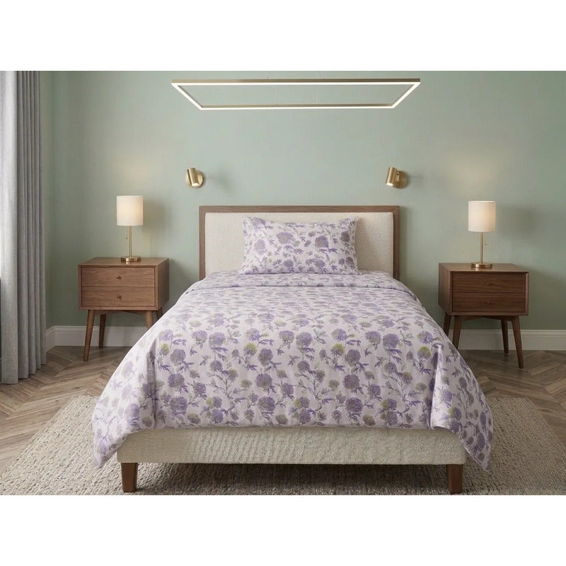 Juego De Sábana Bramante Individual Amanecer 100% Algodón Lavanda Peonia Morado