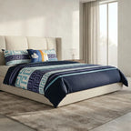 Edredon King Size Doble Vista +3 Cojines Decorativos Algodón Azul Laberinto Floreado