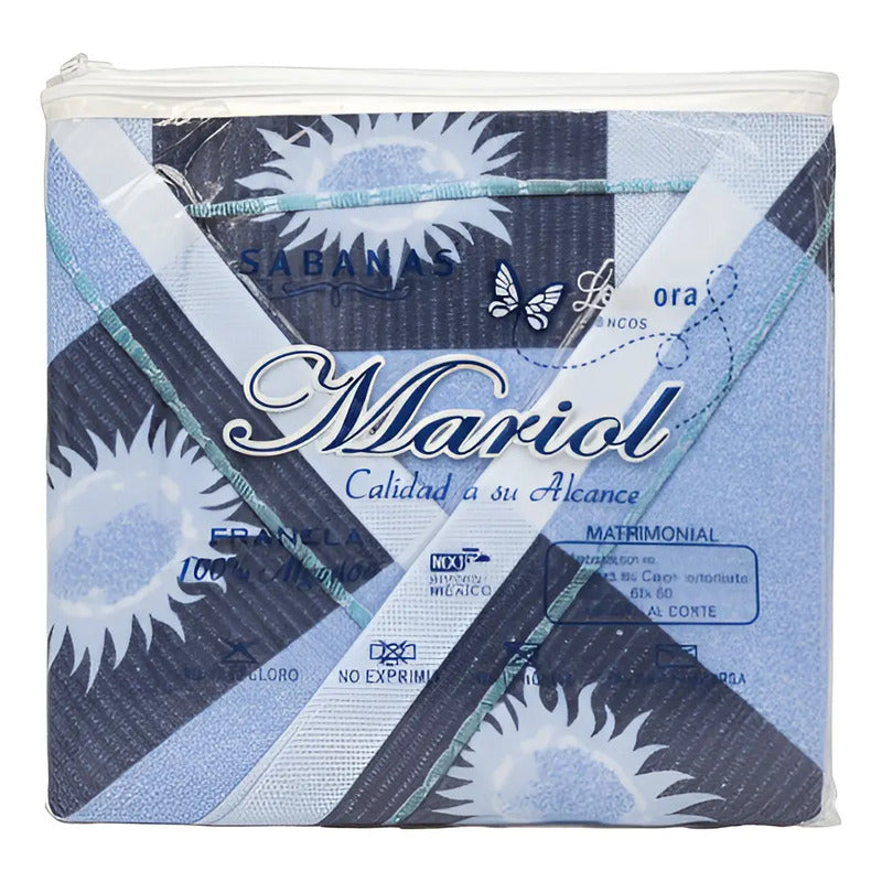 Juego De Sabanas Franela Mariol 100% Algodón Matrimonial Azul Acero Soles Y Lunas Azul